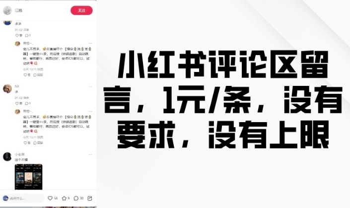 小红书评论区留言，1元条，没有要求，没有上限-开心网创