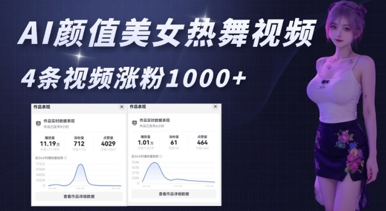 AI颜值美女热舞视频，4条视频涨粉1000+，实测6分钟一条-开心网创