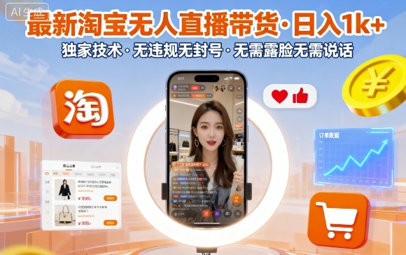 最新淘宝无人直播带货，日入1k+，独家技术，无违规无封号，无需露脸无需说话【揭秘】-开心网创