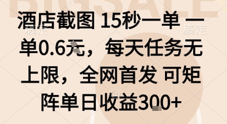 酒店截图15秒一单,一单0.6米,每天任务无上限,全网首发可矩阵单日收益3张【揭秘】-开心网创