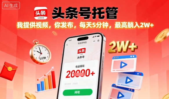 【头条号托管】我提供视频，你发布，每天5分钟，最高躺入2W+【揭秘】-开心网创