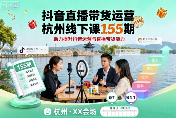 抖音直播带货运营杭州线下课155期，助力提升抖音运营与直播带货能力-开心网创