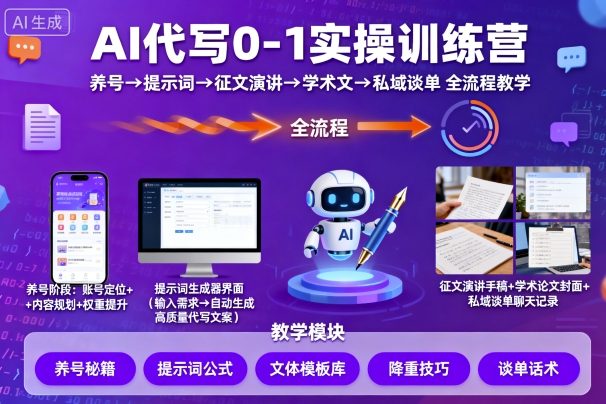 AI代写0-1实操训练营，从养号、提示词、征文演讲、学术文，到私域谈单的全流程教学-开心网创