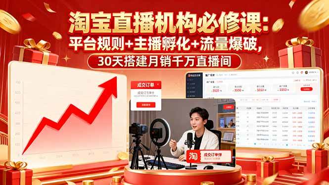 （16087期）淘宝直播机构必修课：平台规则/主播孵化/流量爆破,30天搭建月销千万直播间-开心网创