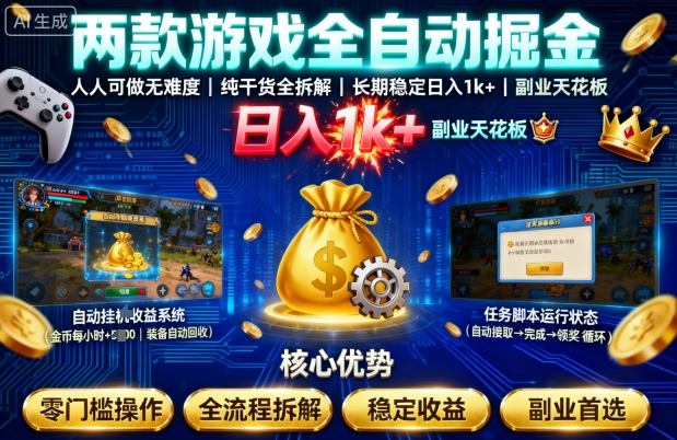 两款游戏全自动掘金，人人可做无难度，纯干货全拆解，长期稳定，日入1k+，副业天花板【揭秘】-开心网创