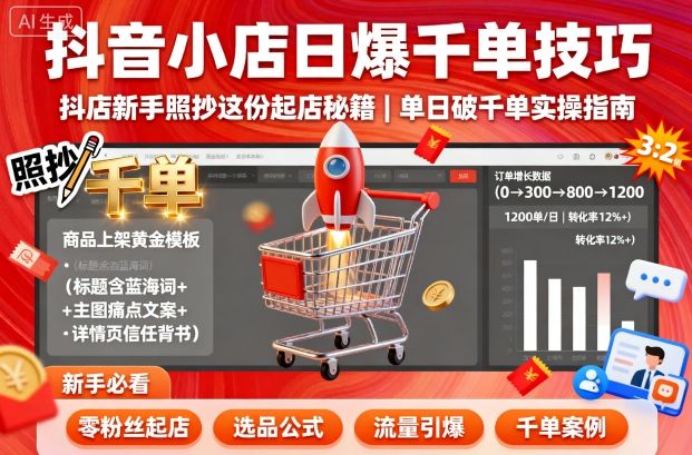 抖音小店日爆千单技巧，抖店新手照抄这份起店秘籍，单日破千单-开心网创