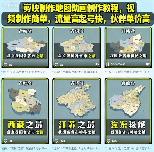 剪映制作地图动画制作教程,视频制作简单,流量高起号快,伙伴单价高-开心网创