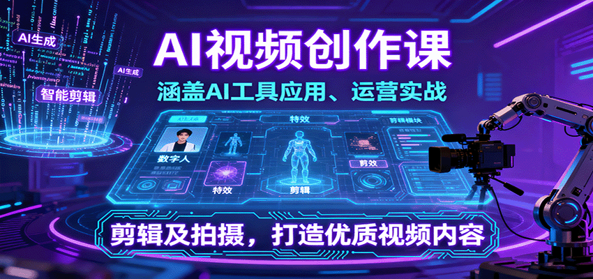 AI视频创作课，涵盖AI工具应用、运营实战、剪辑及拍摄，打造优质视频内容-开心网创