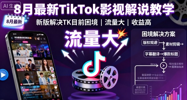 8月最新TikTok影视解说教学，新版解决TK目前困境，流量大，收益高-开心网创