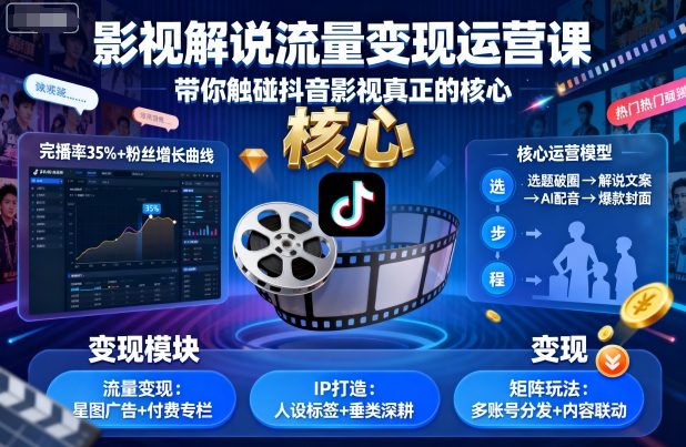 影视解说流量变现运营课,带你触碰抖音影视真正的核心-开心网创