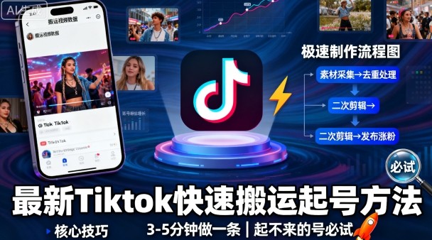 最新Tiktok快速搬运快速起号方法，3-5分钟做一条，起不来的号可以试试-开心网创