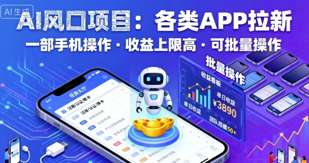 AI风口项目，各类APP拉新，一部手机就可以操作，收益上限高，可批量操作-开心网创