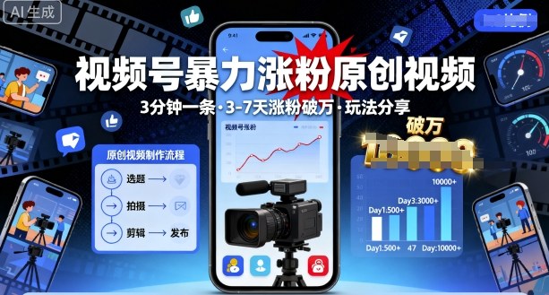 视频号暴力涨粉原创视频，3分钟一条原创视频，3-7天涨粉破万，玩法分享给你-开心网创