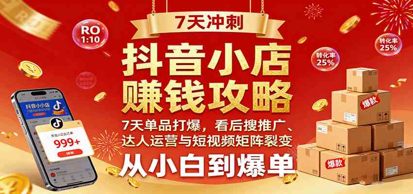 抖音小店赚钱攻略：7天单品打爆技巧，看后搜推广、达人运营与短视频矩阵裂变实战-开心网创
