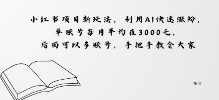 小红书项目新玩法，利用AI快速涨粉，单账号每月平均在3k，后面可以多账号，手把手教会-开心网创