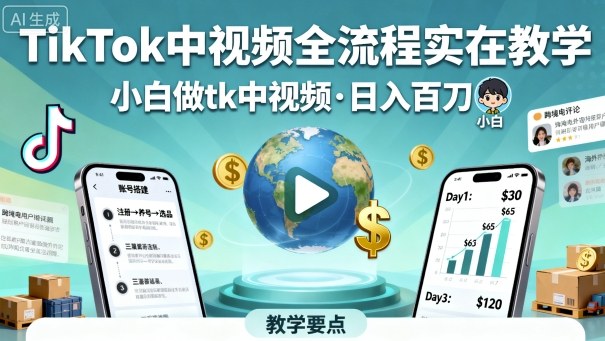 TikTok中视频全流程实操教学，小白做tk中视频，日入百刀-开心网创