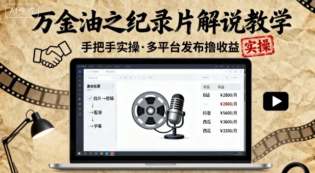 万金油之纪录片解说教学，手把手教你，完全实操，多平台发布撸收益-开心网创