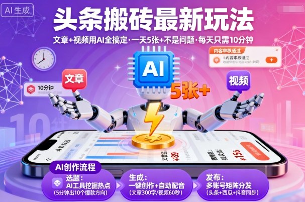 头条搬砖最新玩法，文章+视频用AI全搞定，一天5张+不是问题，每天只需10分钟-开心网创