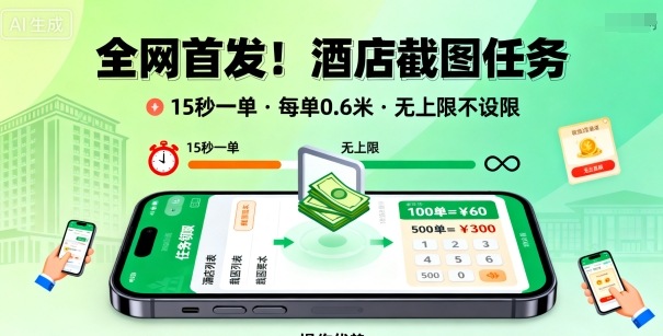 全网首发！酒店截图任务，15秒一单，每单0.6米，任务无上限不设限，矩阵操作单日3张到手【揭秘】-开心网创