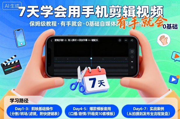 7天学会用手机剪辑视，保姆级教程，有手就会，0基础自媒体短视频创作教程-开心网创