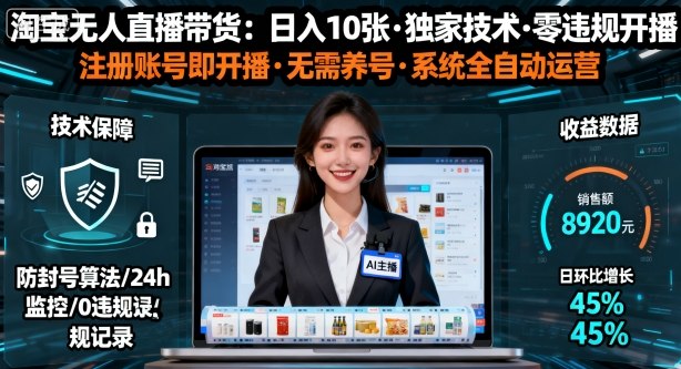 【最新】淘宝无人直播带货，日入10张，独家技术，无违规无封号，注册账号直接开播，不用养号【揭秘】-开心网创