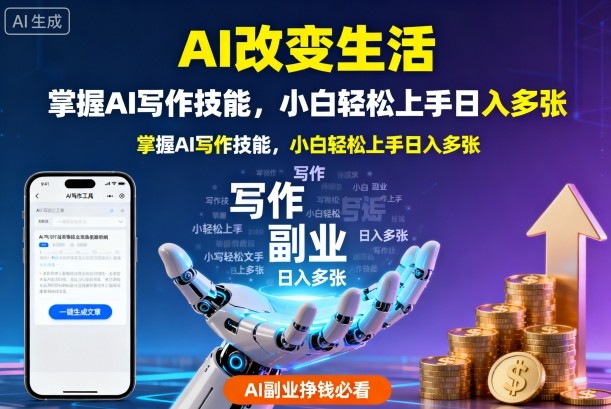 AI改变生活，掌握AI写作技能，小白轻松上手日入多张，AI副业挣钱必看-开心网创