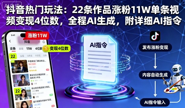 抖音热门玩法：22条作品涨粉11W单条视频变现4位数，全程AI生成，附详细AI指令-开心网创