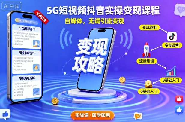 5G短视频抖音实操变现课程，自媒体，无谓引流变现-开心网创