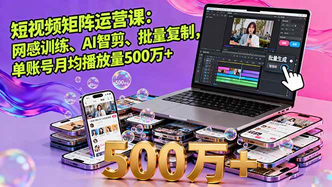 （16168期）短视频矩阵运营课：网感训练、AI智剪、批量复制，单账号月均播放量500万+-开心网创