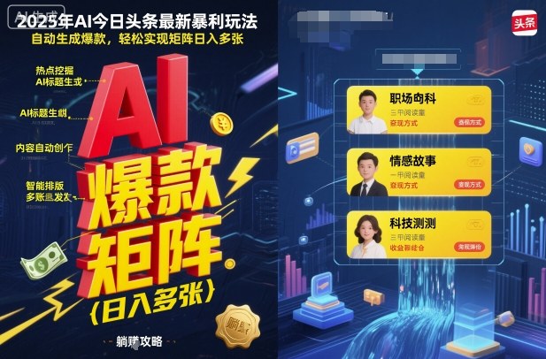 2025年AI今日头条最新暴利玩法，自动生成爆款，轻松实现矩阵日入多张-开心网创