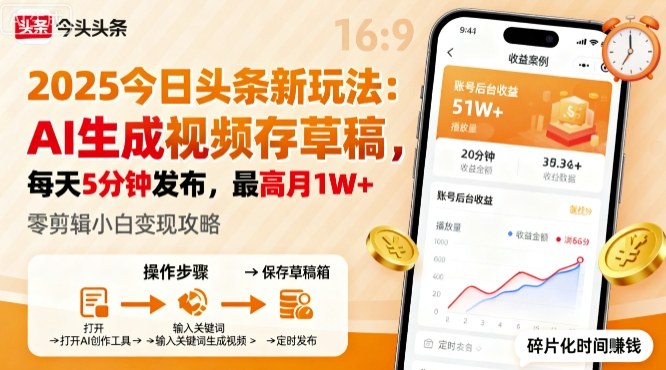 2025年今日头条躺賺新玩法，AI生成视频存草稿，每天5分钟发布，最高月1W+【揭秘】-开心网创