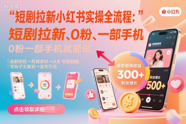 短剧拉新小红书实操全流程，0粉一部手机就可以做，详细教程-开心网创