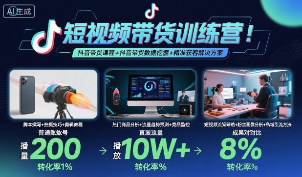 短视频带货训练营，抖音带货课程+抖音带货数据挖掘+精准获客解决方案-开心网创