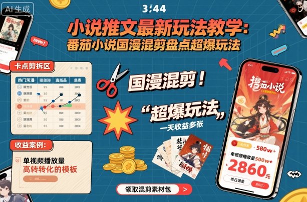 小说推文最新玩法教学，番茄小说国漫混剪盘点超爆玩法，全程干货，一天收益多张-开心网创