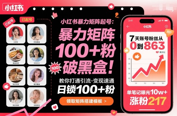 小红书暴力矩阵起号，教你打通引流-变现速通，日锁100+粉，破流量黑盒-开心网创