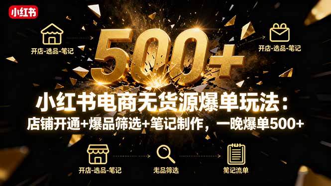 （16256期）小红书电商无货源爆单玩法：店铺开通+爆品筛选+笔记制作，一晚爆单500+-开心网创