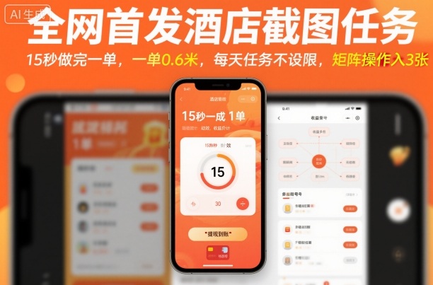 全网首发酒店截图任务，15秒做完一单，一单0.6米，每天任务不设限，矩阵操作日入3张【揭秘】-开心网创
