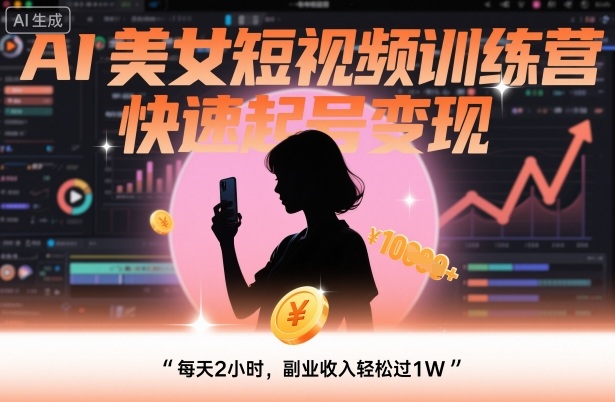 AI美女短视频训练营，快速起号变现，每天2小时，副业收入轻松过1W-开心网创