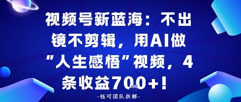 视频号新蓝海：不出镜不剪辑，用AI做“人生感悟”视频，4条收益7张-开心网创