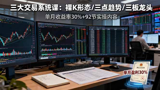 （16269期）三大交易系统课：裸K形态/三点趋势/三板体系，单月收益率30%+92节实操内容-开心网创