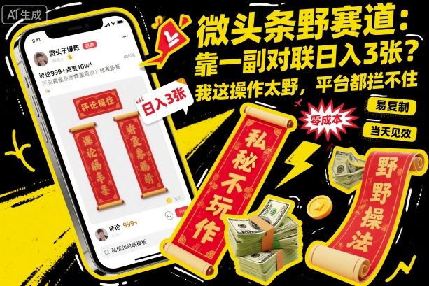 微头条野赛道，靠一副对联日入3张？我这操作太野，平台都拦不住！-开心网创