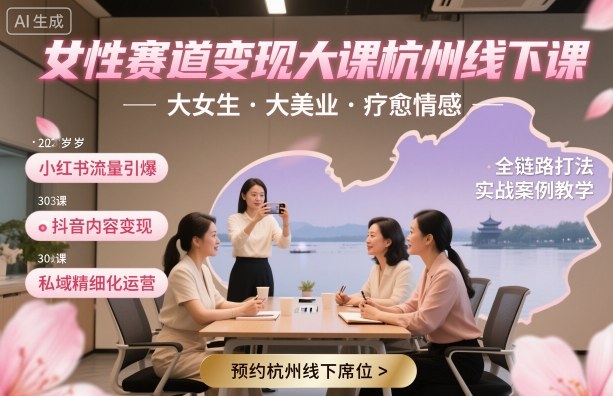女性赛道变现大课杭州线下，大女生，大美业，疗愈情感，一套小红书、抖音、私域全链路打法-开心网创