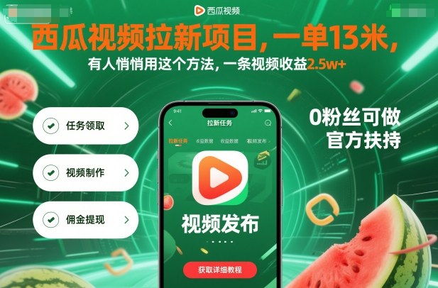 西瓜视频拉新项目，一单13米，有人悄悄用这个方法，一条视频收益2.5w+（附详细教程）-开心网创