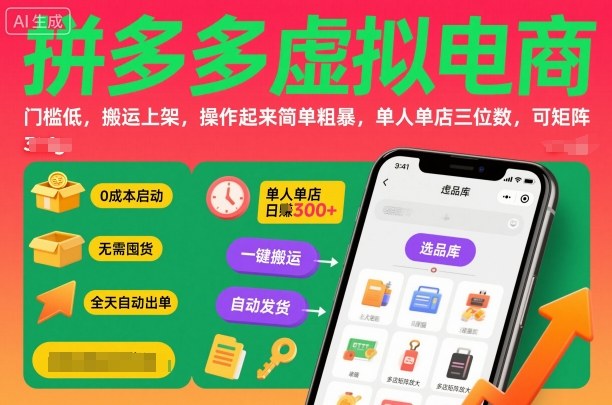拼多多虚拟电商，门槛低，搬运上架，操作起来简单粗暴，单人单店三位数，可矩阵-开心网创