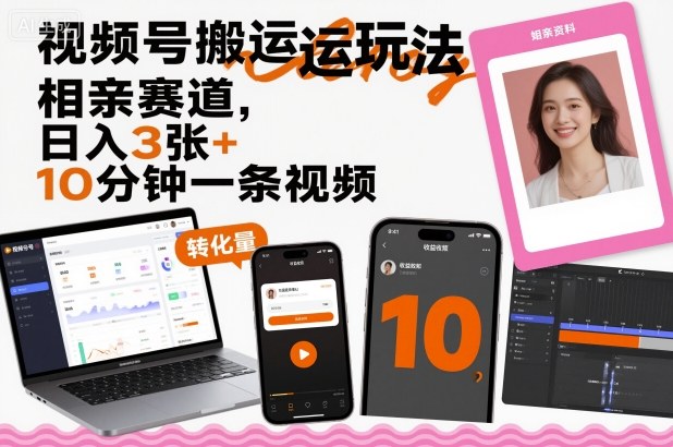 视频号搬运玩法，相亲赛道，日入3张+，10分钟一条视频-开心网创