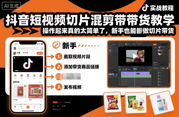 抖音短视频切片混剪带货教学，操作起来真的太简单了，新手也能做切片带货-开心网创