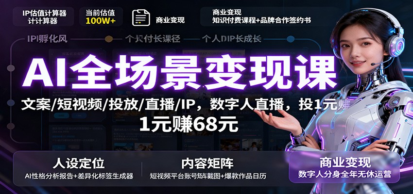 AI全场景变现课：文案/短视频/投放/直播/IP，数字人直播，投1元赚68元-开心网创