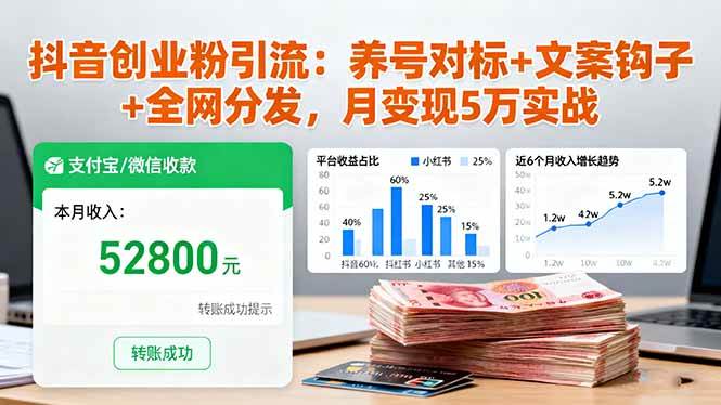 （16338期）抖音创业粉引流：养号对标+文案钩子+全网分发，月变现5万实战-开心网创