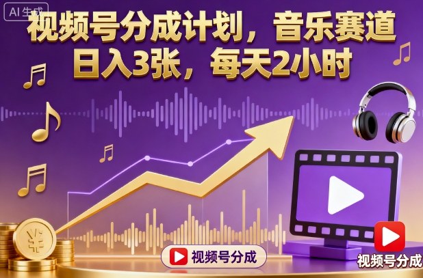 视频号分成计划，音乐赛道，日入3张，每天2小时-开心网创