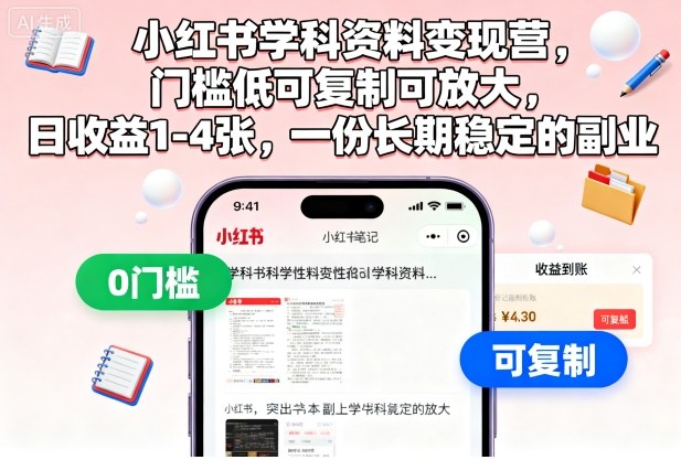 小红书学科资料变现营,门槛低可复制可放大,日收益1-4张,一份长期稳定的副业-开心网创